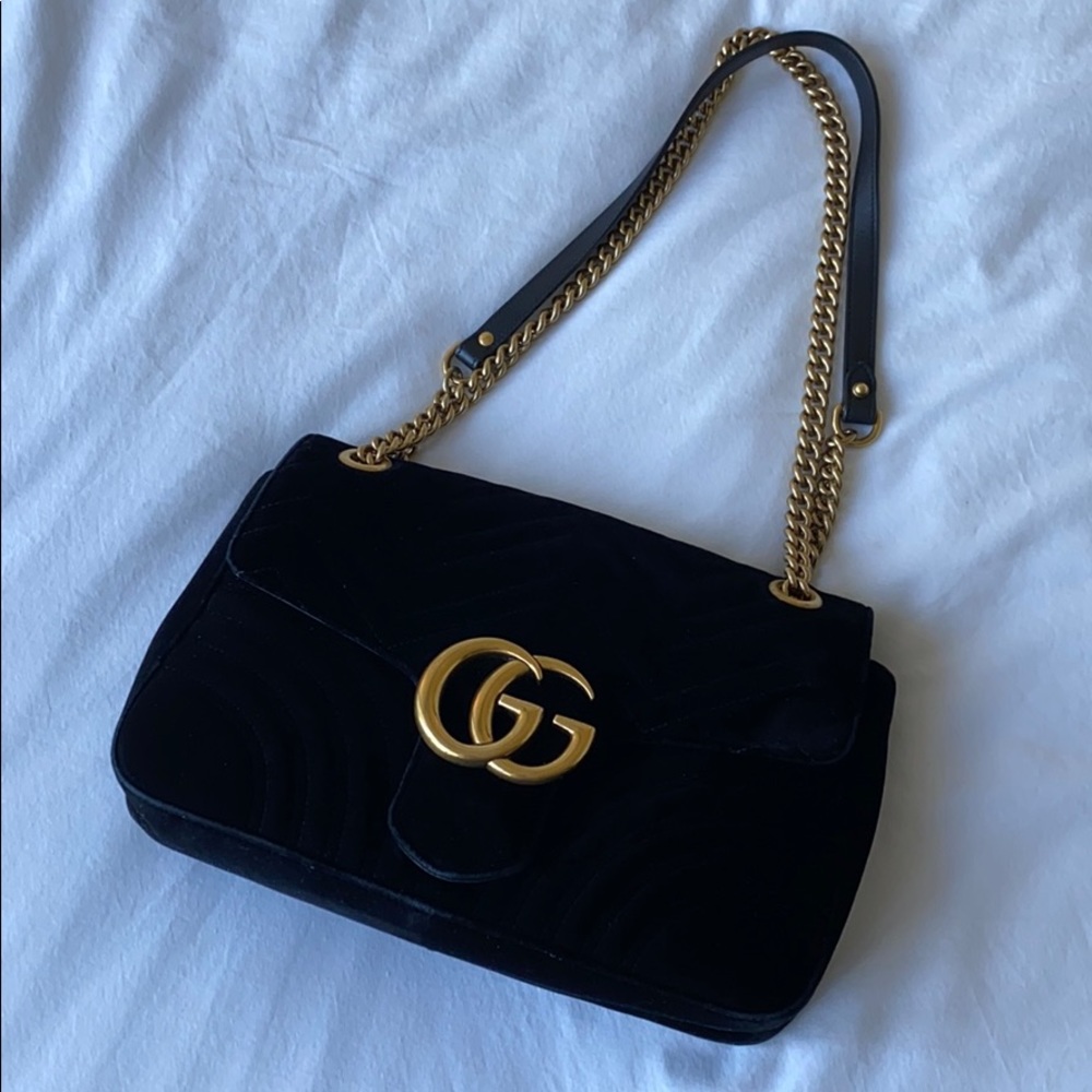 Gucci Black Velvet GG Marmont Medium Shoulder Bag